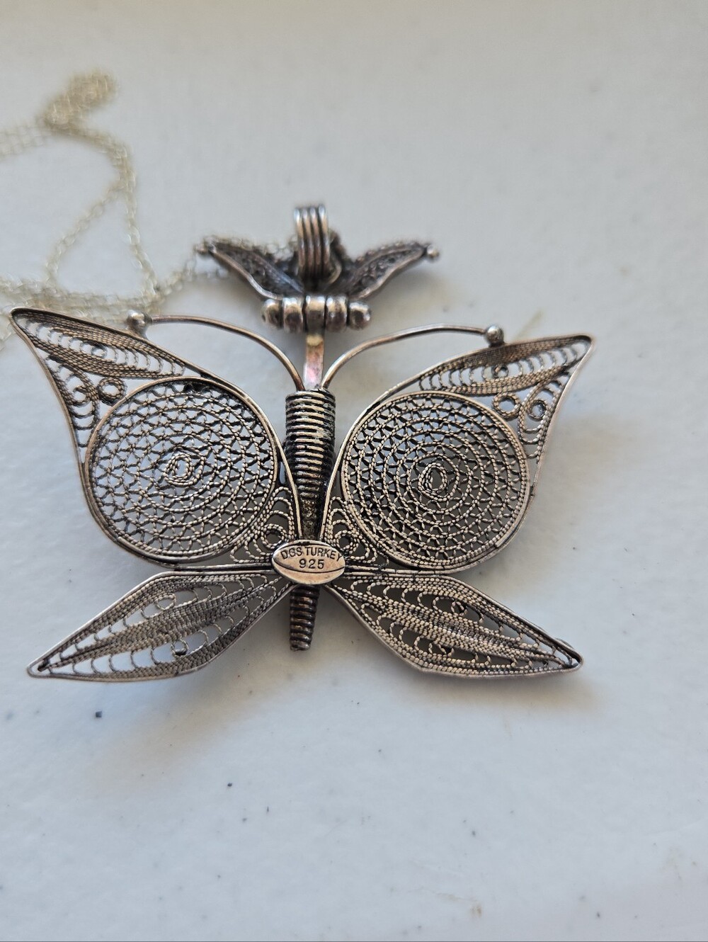Vintage Turkish 925 S. Silver Filigree Butterfly Necklace Statement Pendant - Picture 5 of 5